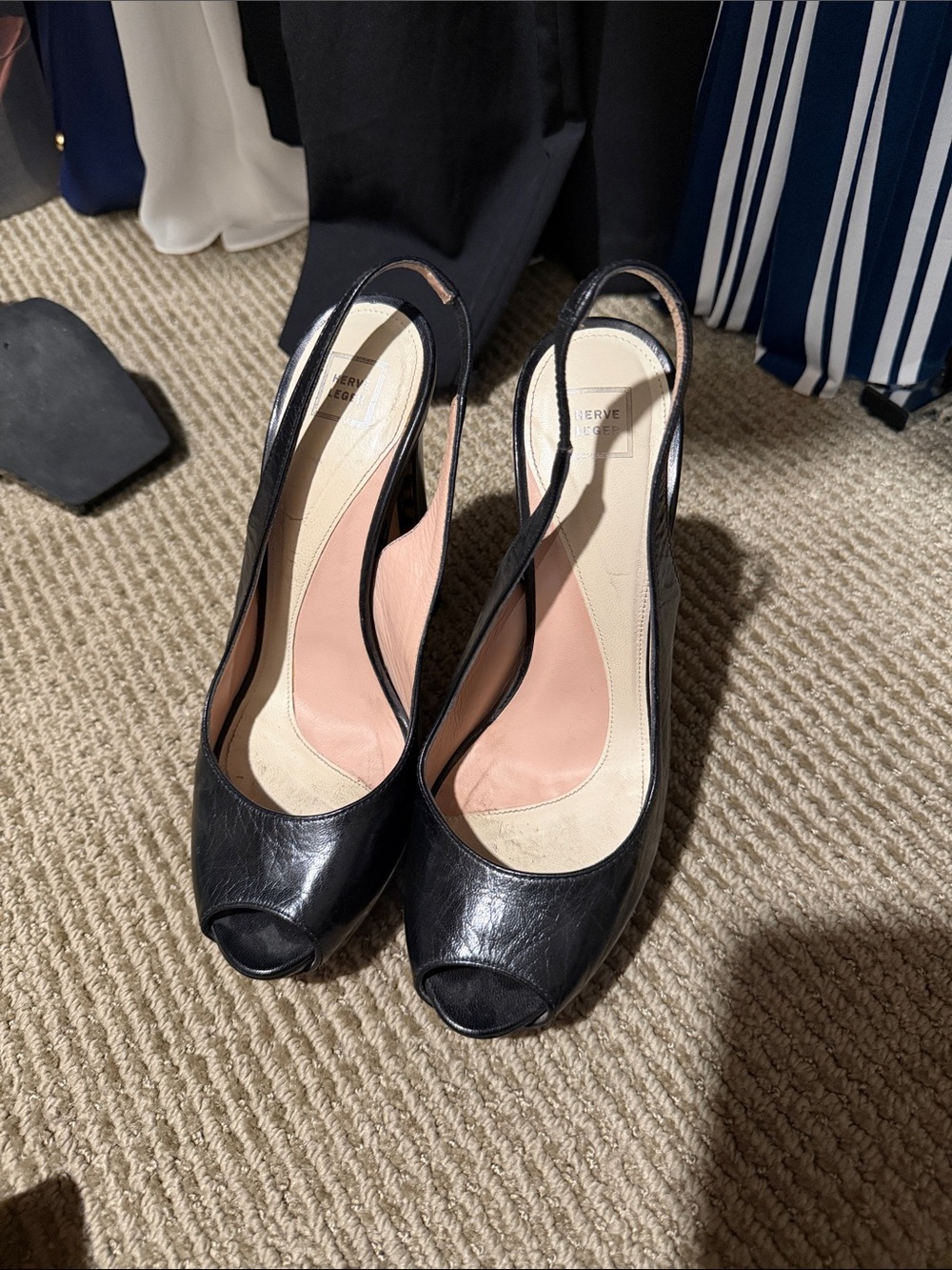 Herve Leger Black Leather Peep-Toe Slingback Heels - Women's